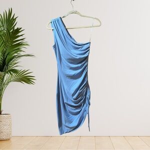 NWOT Susana Monaco One-Shoulder Adjustable Ruched Mini Light Blue Dress